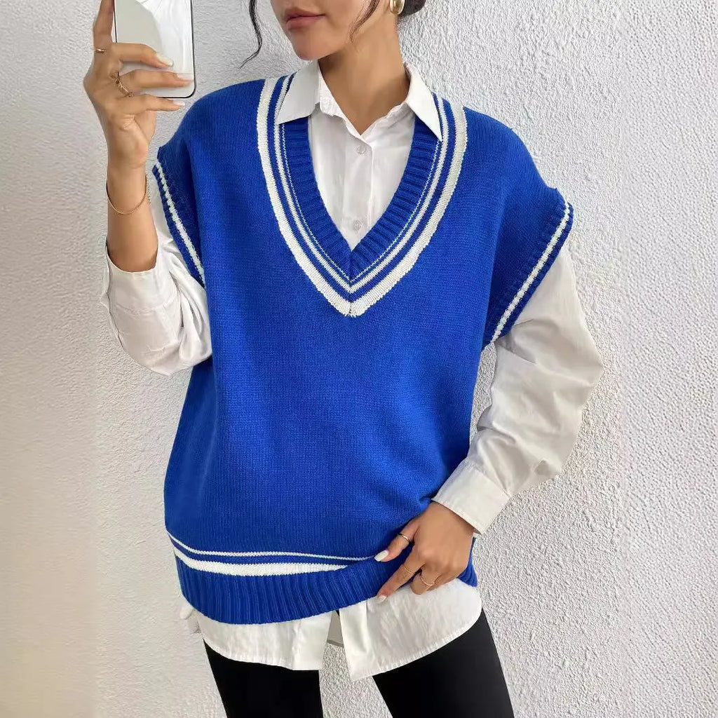 Women's loose-fit college-style pullover vest jumper in black, blue, or coffee colour.