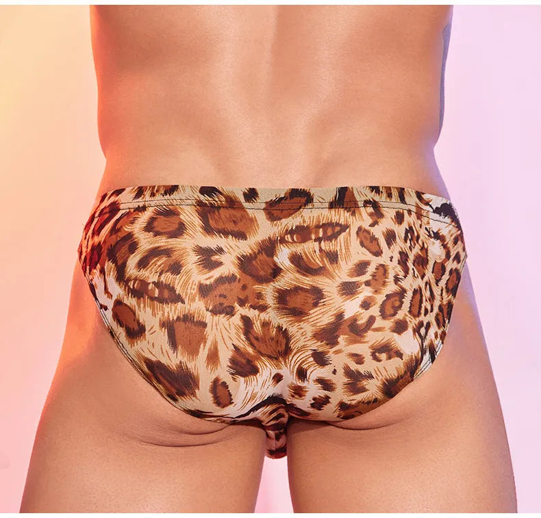 Men's low waist leopard print panties made from nylon fabric.