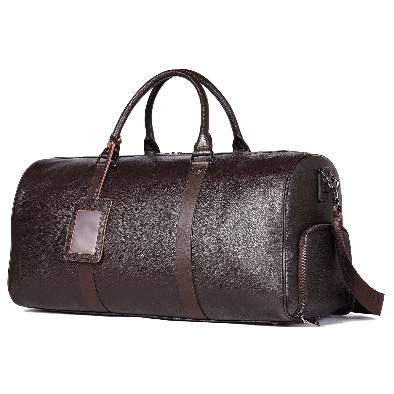 Men's leather tote bag in black and coffee colours showing single strap design and cowhide texture
