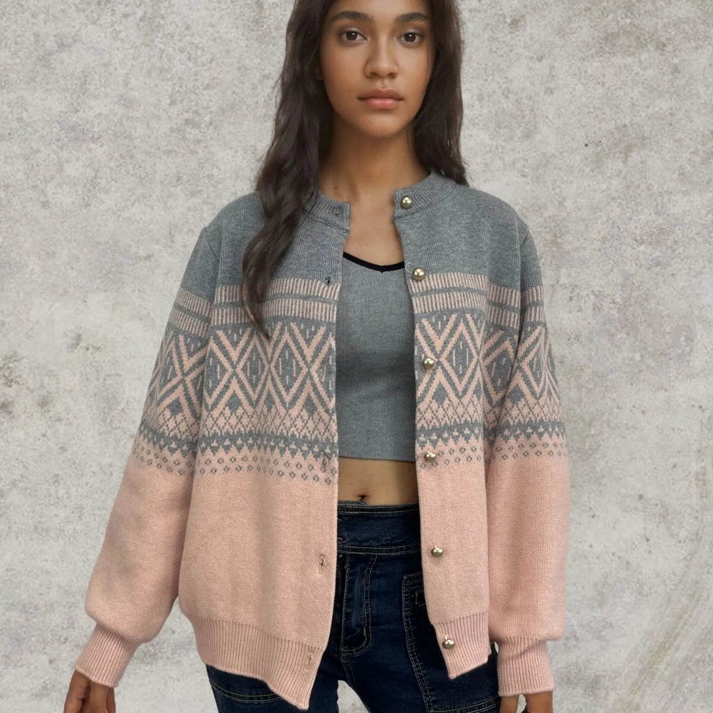 Women's grey alpaca wool diamond knitted cardigan with contrast colour sleeves