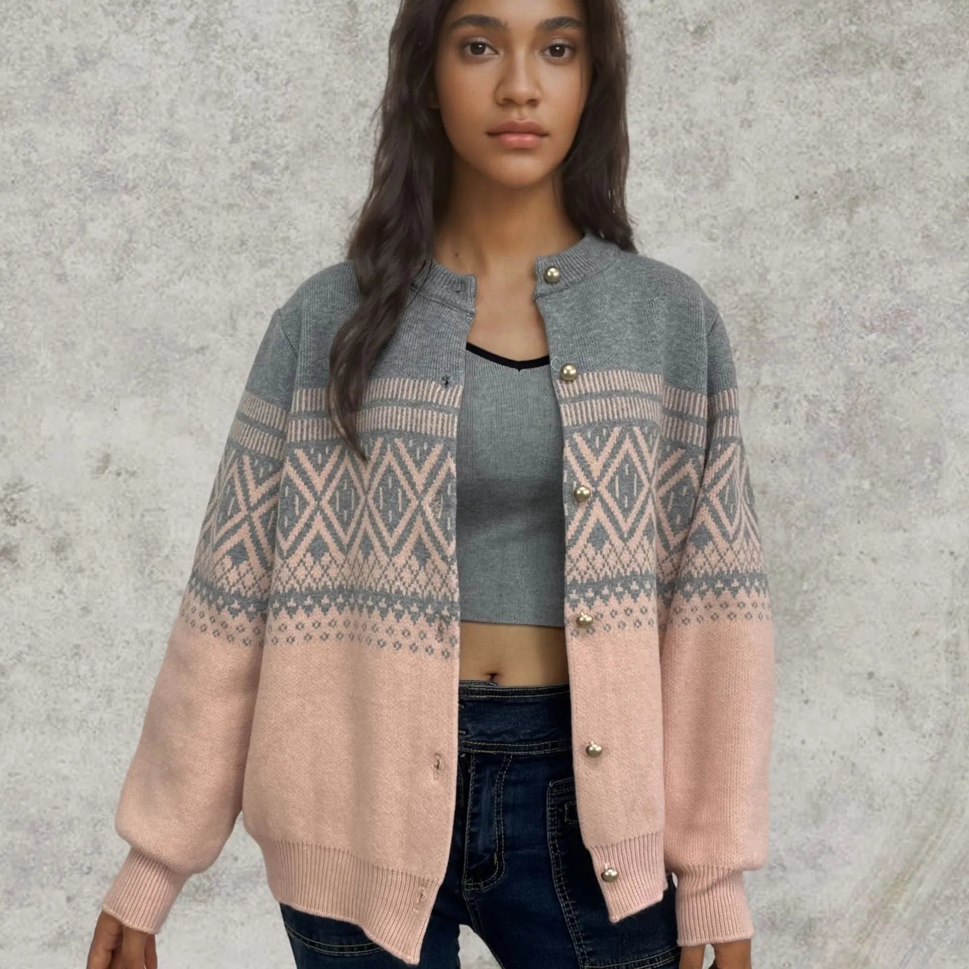 Women's grey alpaca wool diamond knitted cardigan with contrast colour sleeves