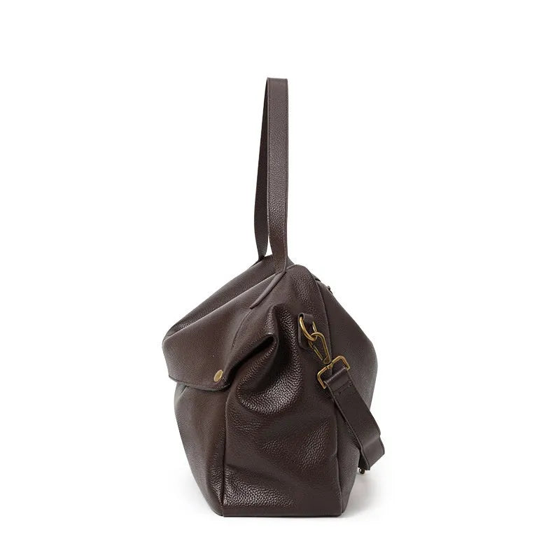 Brown genuine leather women's shoulder bag with a horizontal square shape.