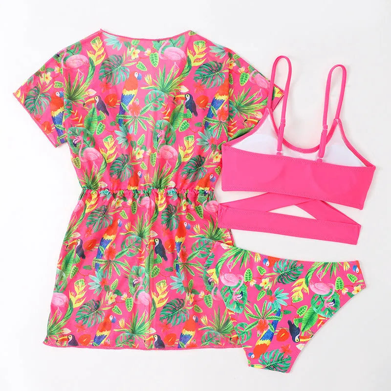 Girls floral split overclothes swimsuit bikini set in picture colour