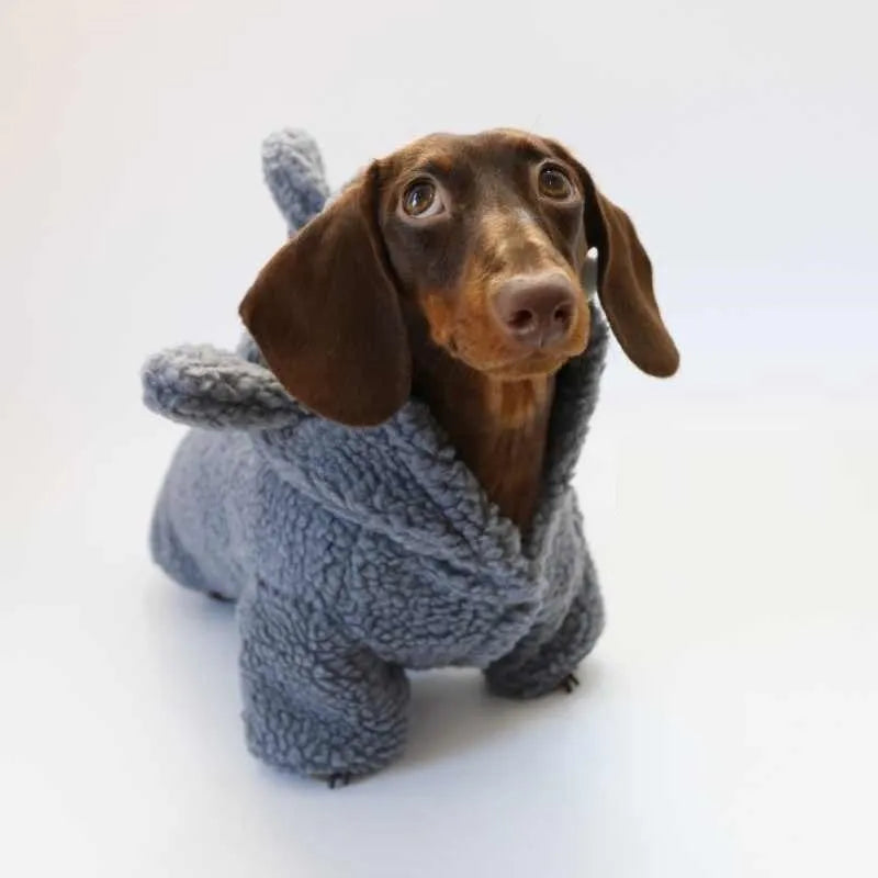 Grey fleece-lined hooded shark sweater for small to large dogs and cats, winter pet clothing