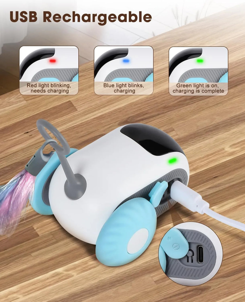 Blue and orange smart cat toy car with remote control featuring feather teaser attachment