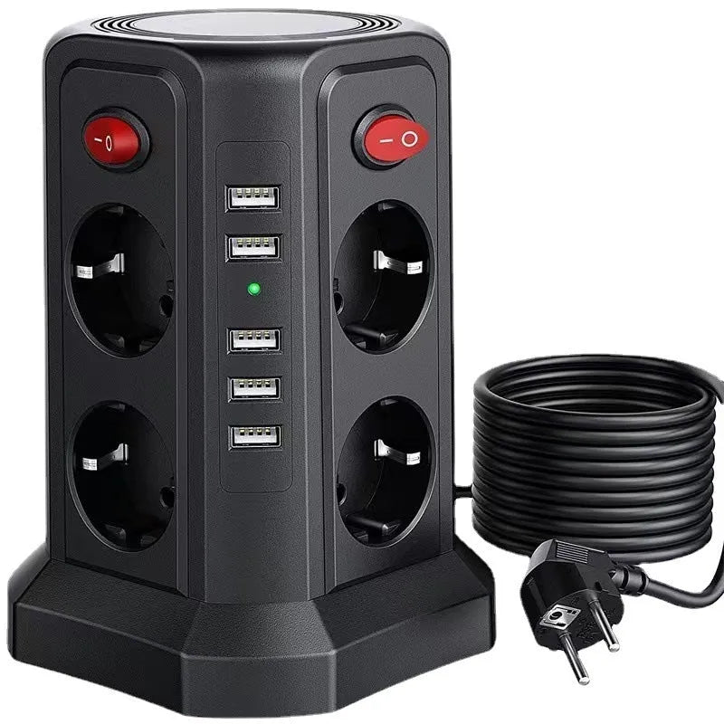 Desktop socket European standard 4 USB socket board in black vertical power strip with 3 sockets and 4 USB ports