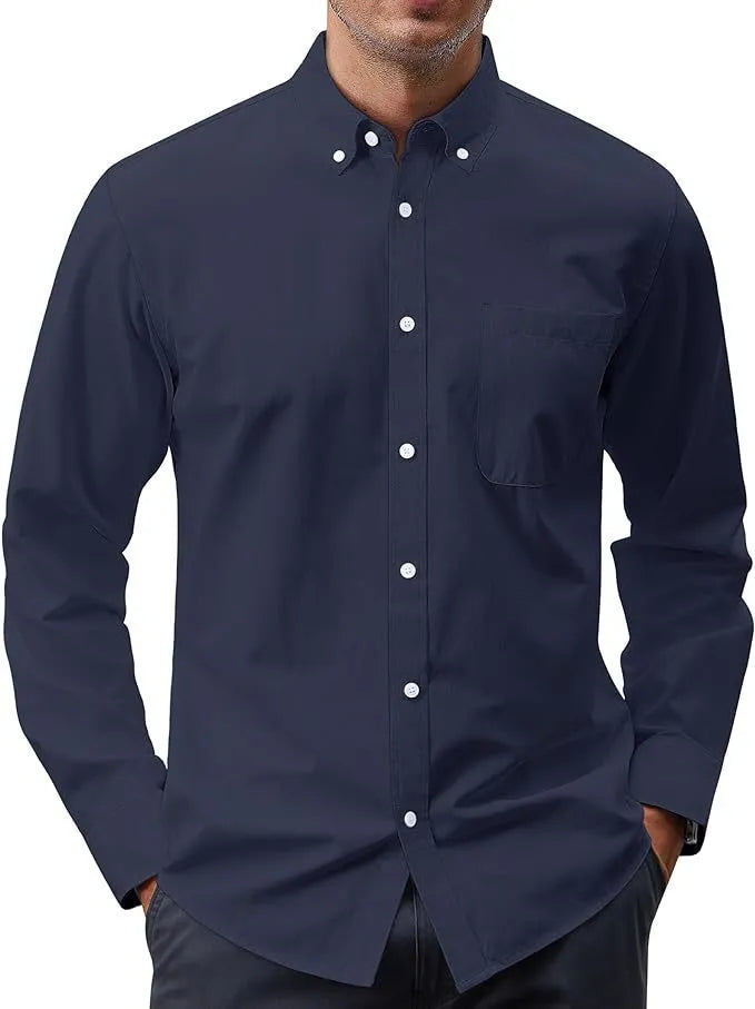 Solid colour Oxford long sleeve button shirt in cotton blend, available in multiple colours and sizes