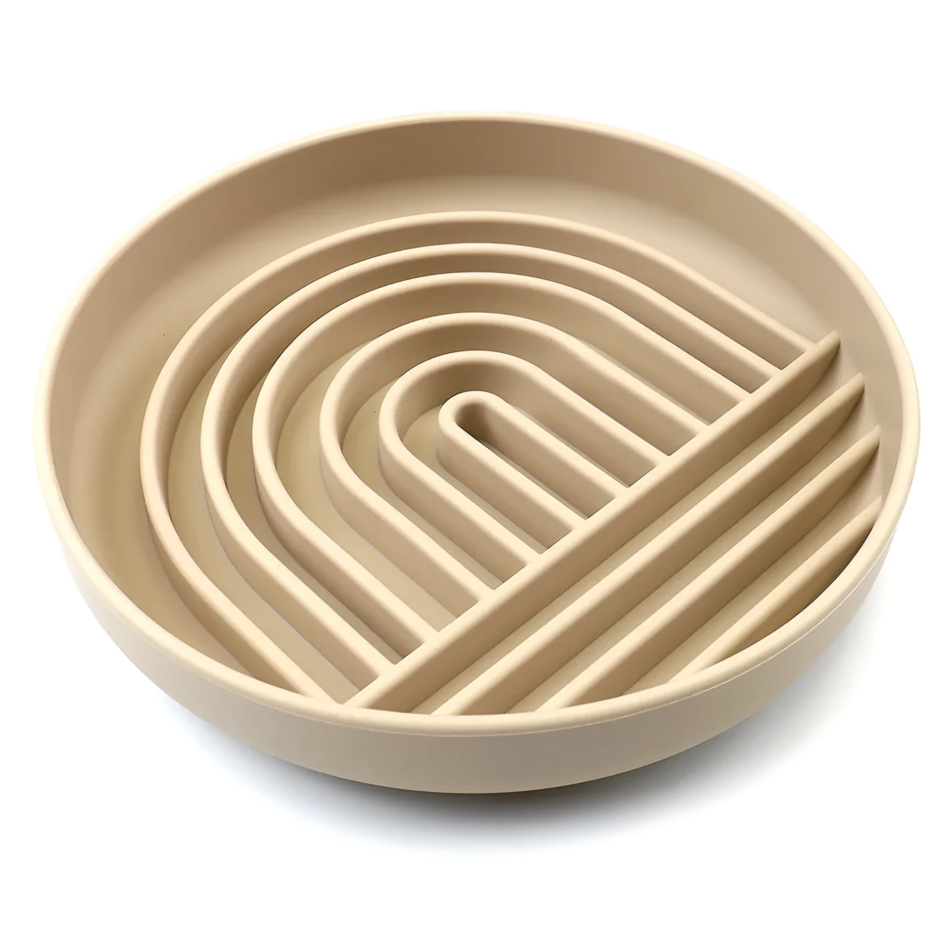 Silicone slow feeder dog bowl with textured ridges, shown in beige colour