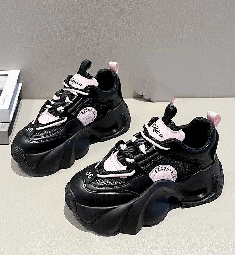 Women's pink sneakers with cross shoulder straps and thick sole design