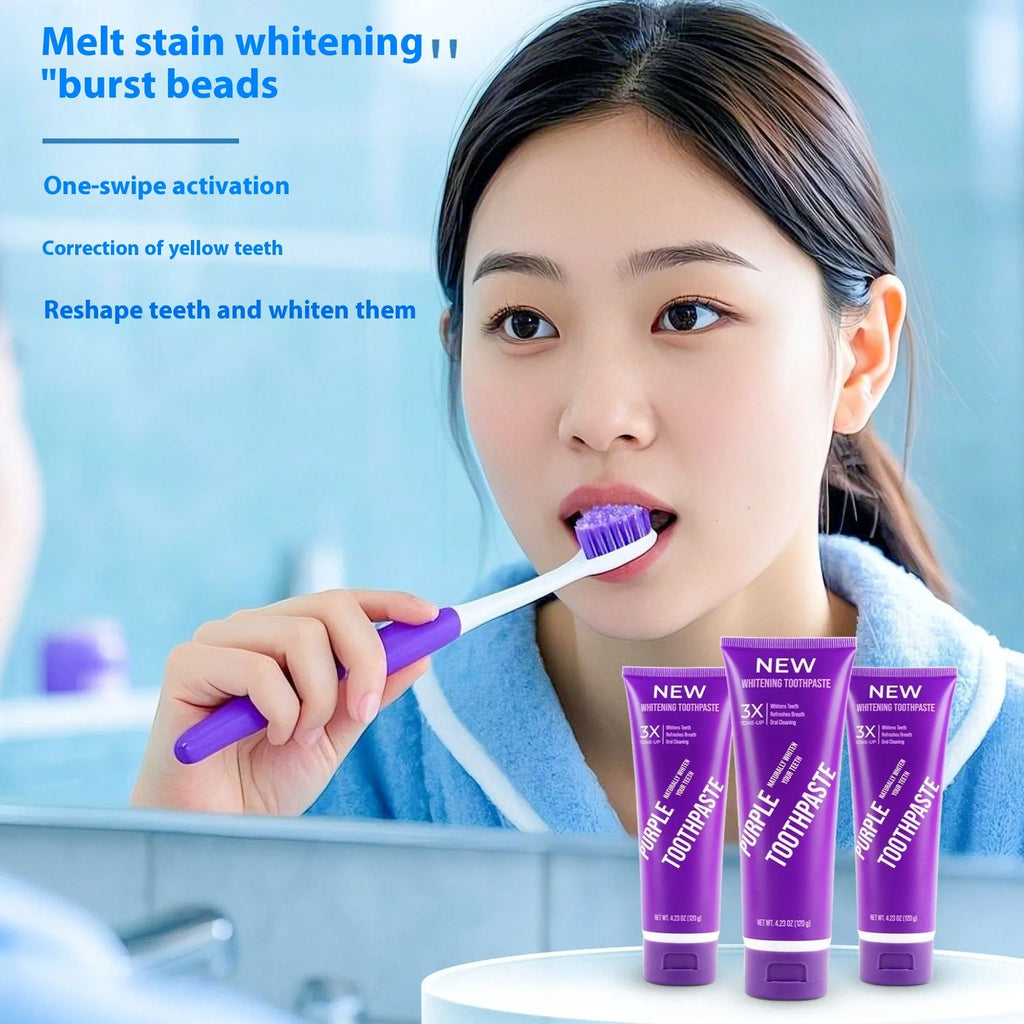 Purple whitening toothpaste tube for adult tooth discolouration treatment