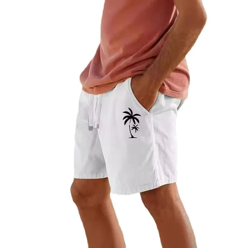 Man wearing Army Green elastic drawstring shorts with a heat transfer patch design, showing the straight leg cut.
