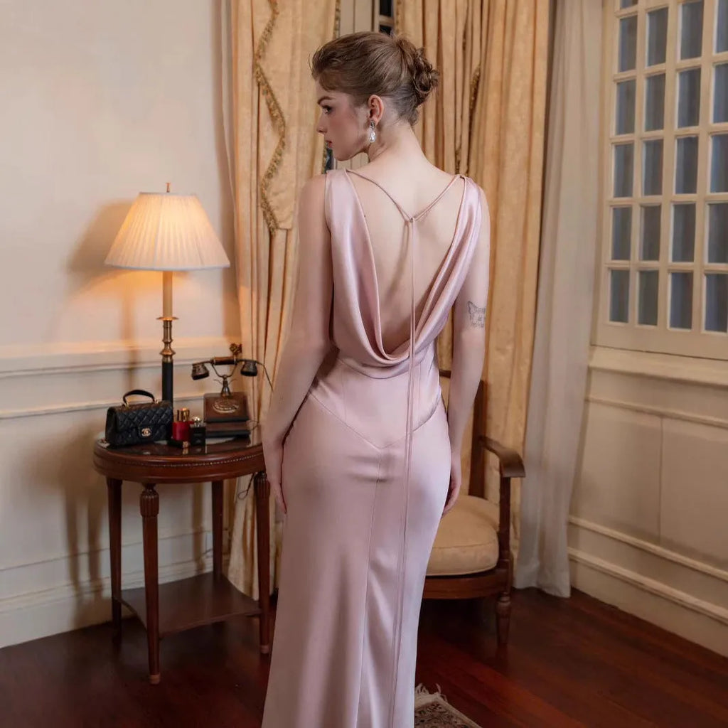 European American new high-end satin long dress solid colour sleeveless mid-rise polyester socialite