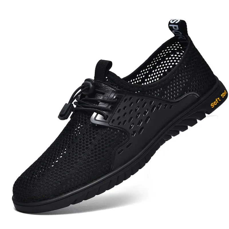 Men's grey mesh casual slip-on shoes with elastic band and rubber sole.