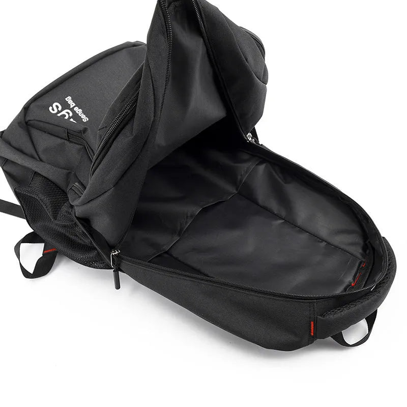 Street style nylon backpack in black, shown with multiple internal organiser pockets including a laptop sleeve.