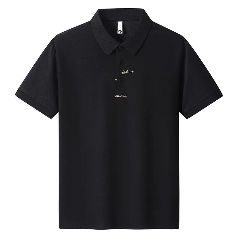 Men's loose-fitting short sleeve cotton T-shirt in six colour options on a size chart background.