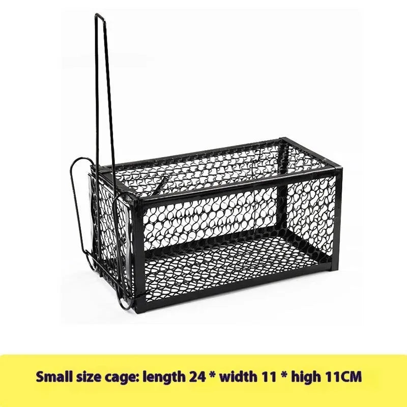 Automatic mouse cage trap showing metal and plastic construction options in small, medium, large sizes
