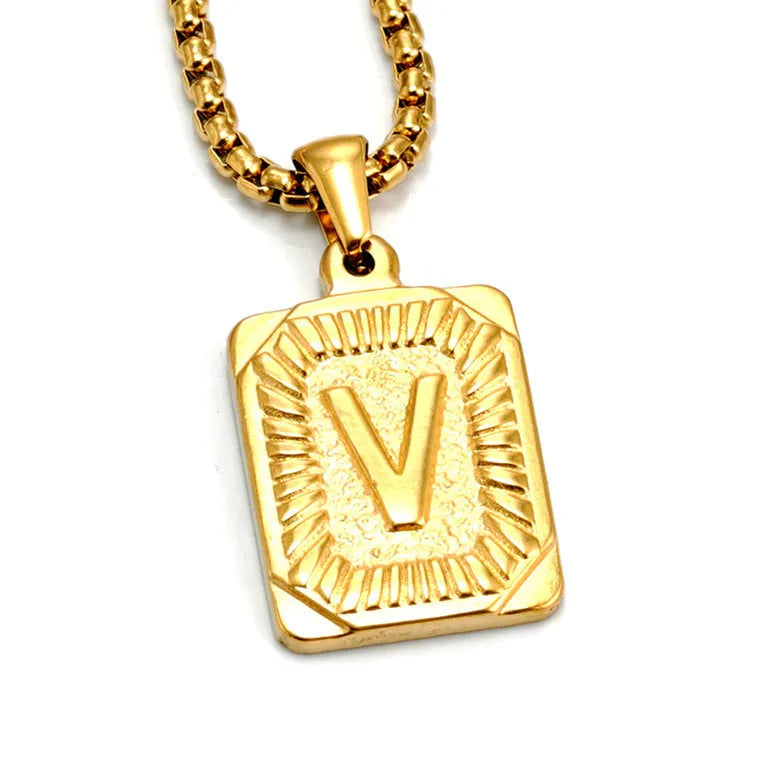 Gold-plated 18K titanium steel letter pendant necklace with pearl chain, gold colour, unisex design
