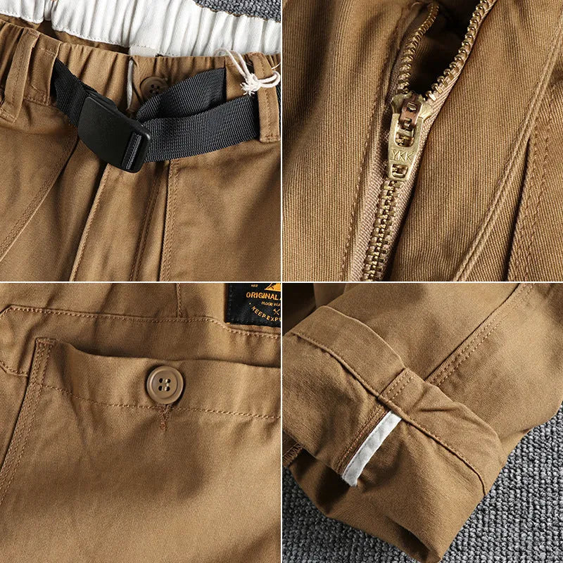 Men's khaki cotton work trousers with an adjustable N-I buckle belt on the waistband, shown with a 3D cut design.