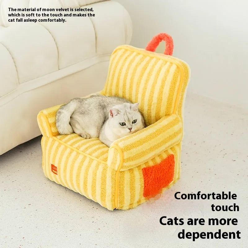 Striped soft velvet pet bed for dogs with plush fabric construction in orange, purple and yellow colour options