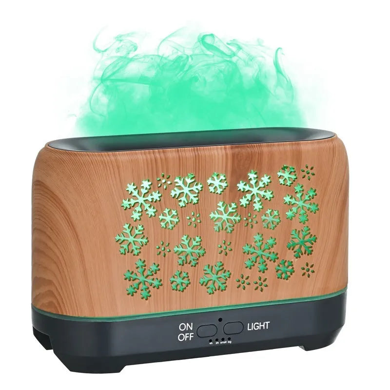 Wood grain snowflake pattern desktop humidifier with 7 colour flame effect and remote control