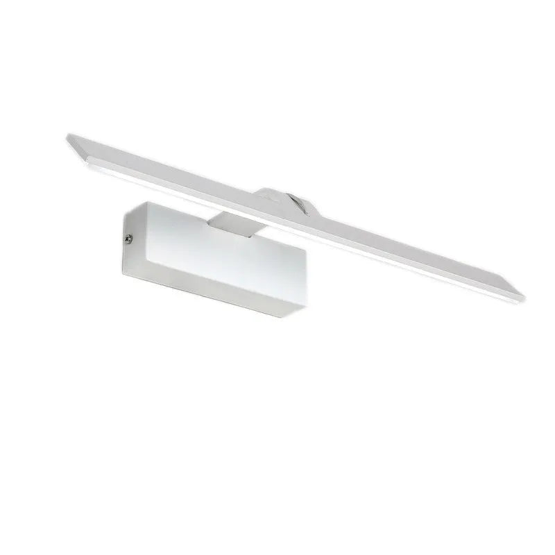 White LED mirror headlight fixture showing three light colour options and size variants for bathroom vanities.