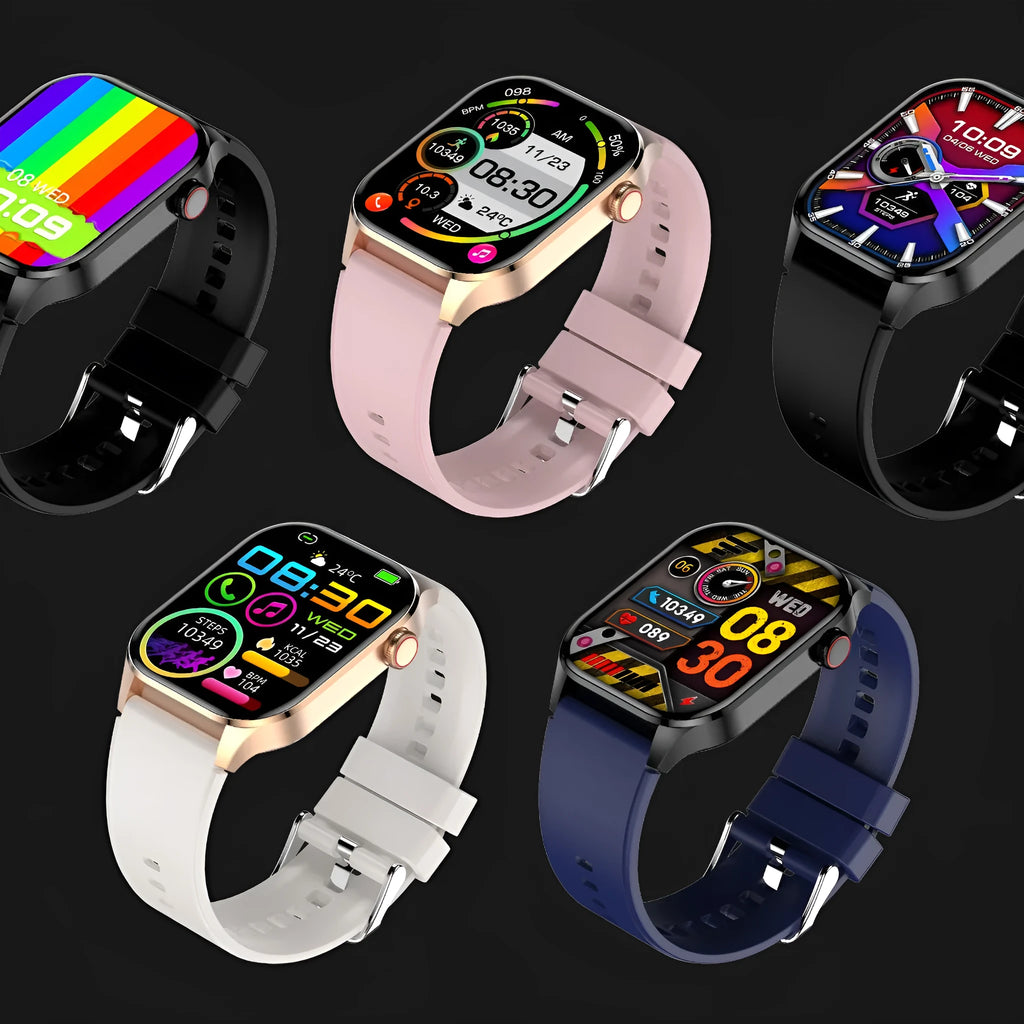 Smartwatch T98 with AMOLED screen showing health data on wrist in black colour