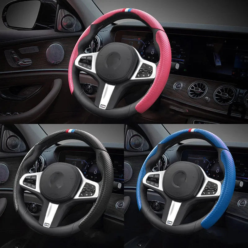 Carbon fibre steering wheel cover for BMW in sporty style with universal fit