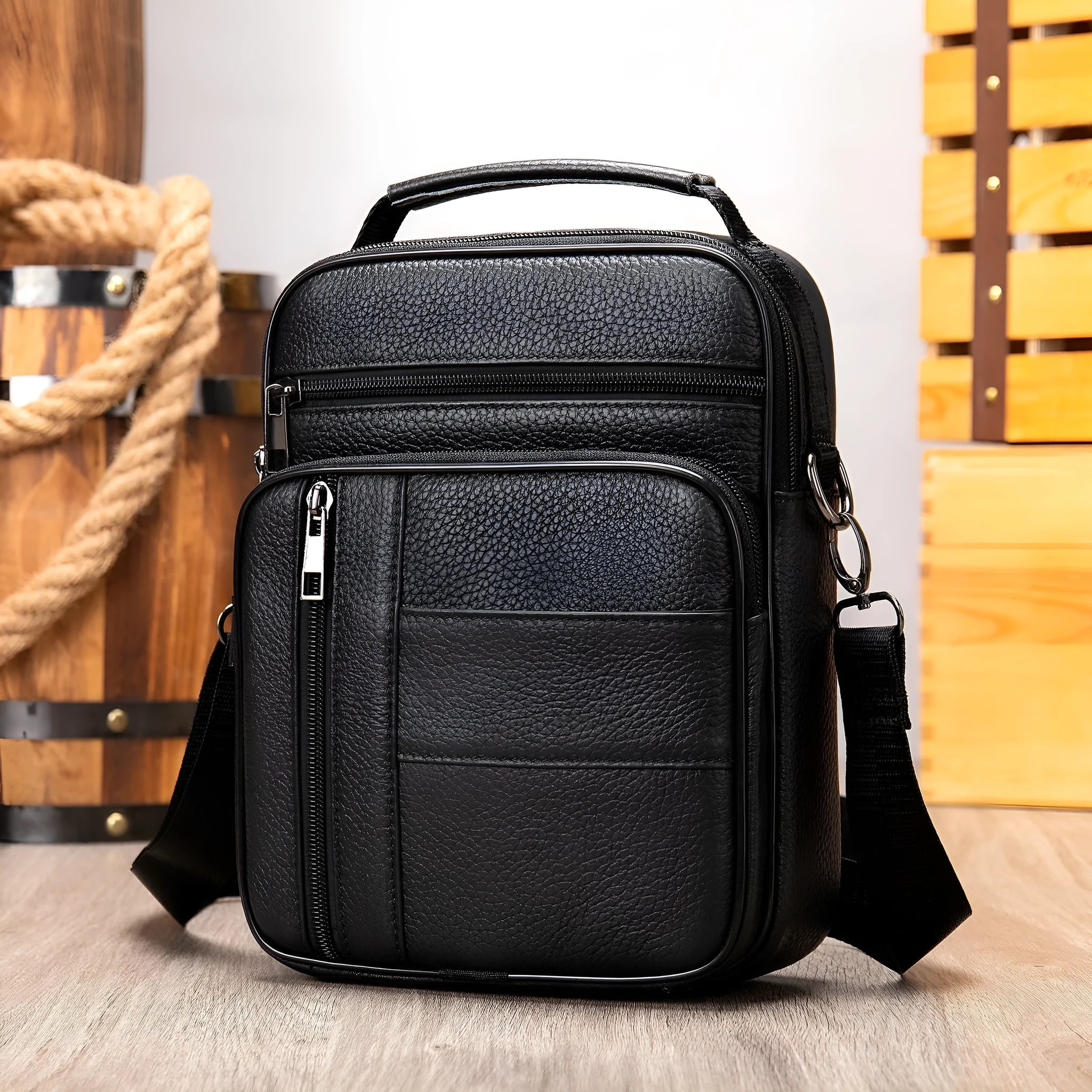 Men's black genuine leather vintage shoulder bag showing zipper opening and soft handle.