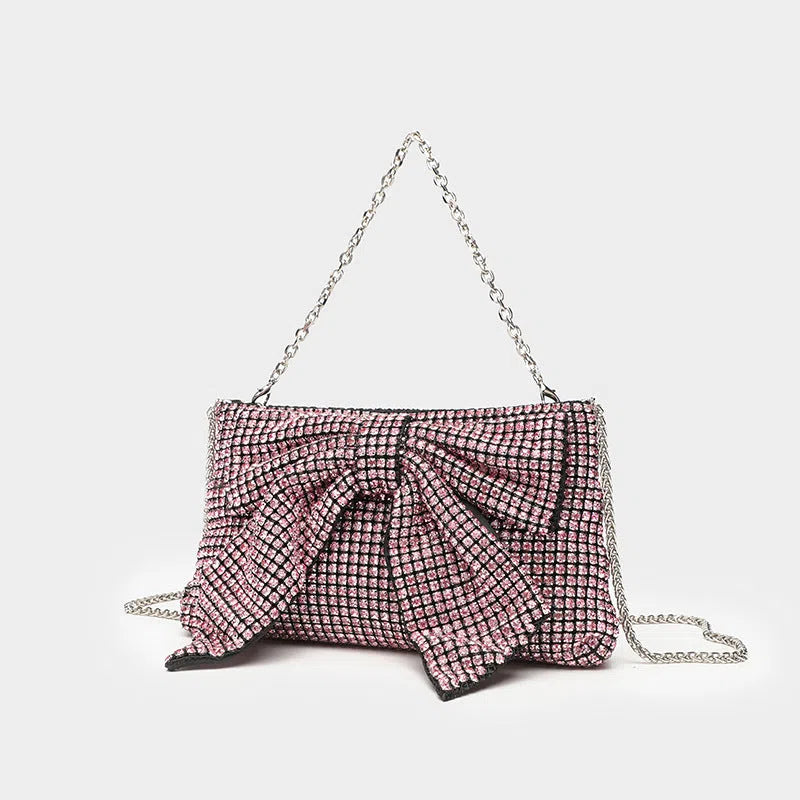 Fashion evening banquet full crystal rhinestone single shoulder chain crossbody bag bow shape polyester silver colour