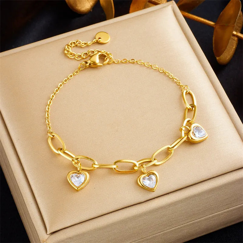 Gold plated love pendant titanium steel chain bracelet for women - B1127 Green, B1128 Pink, B1129 White