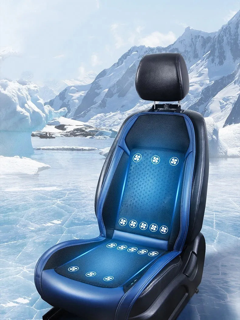 Black car seat cooling pad with 12V/24V universal power connector and USB charging port