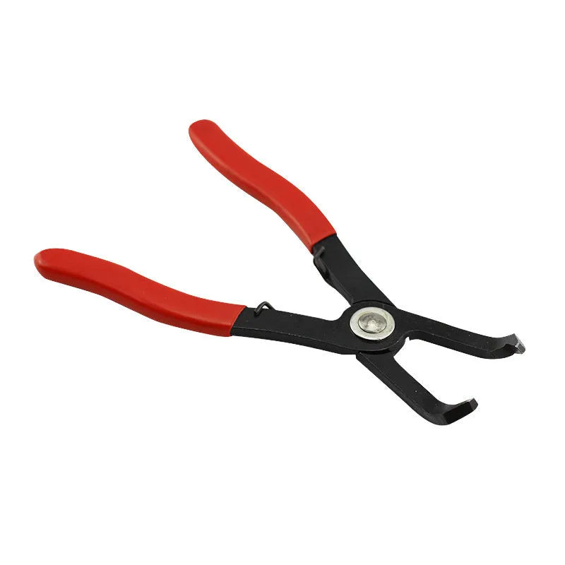 Red round nail removal pliers with PVC handles for automotive door panel and trim work