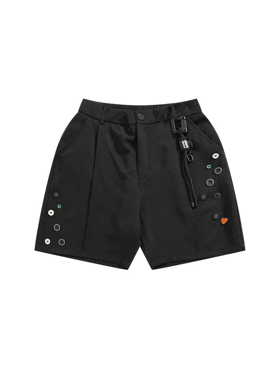Black semi-elastic casual shorts with button and zip fly, loose straight-leg fit