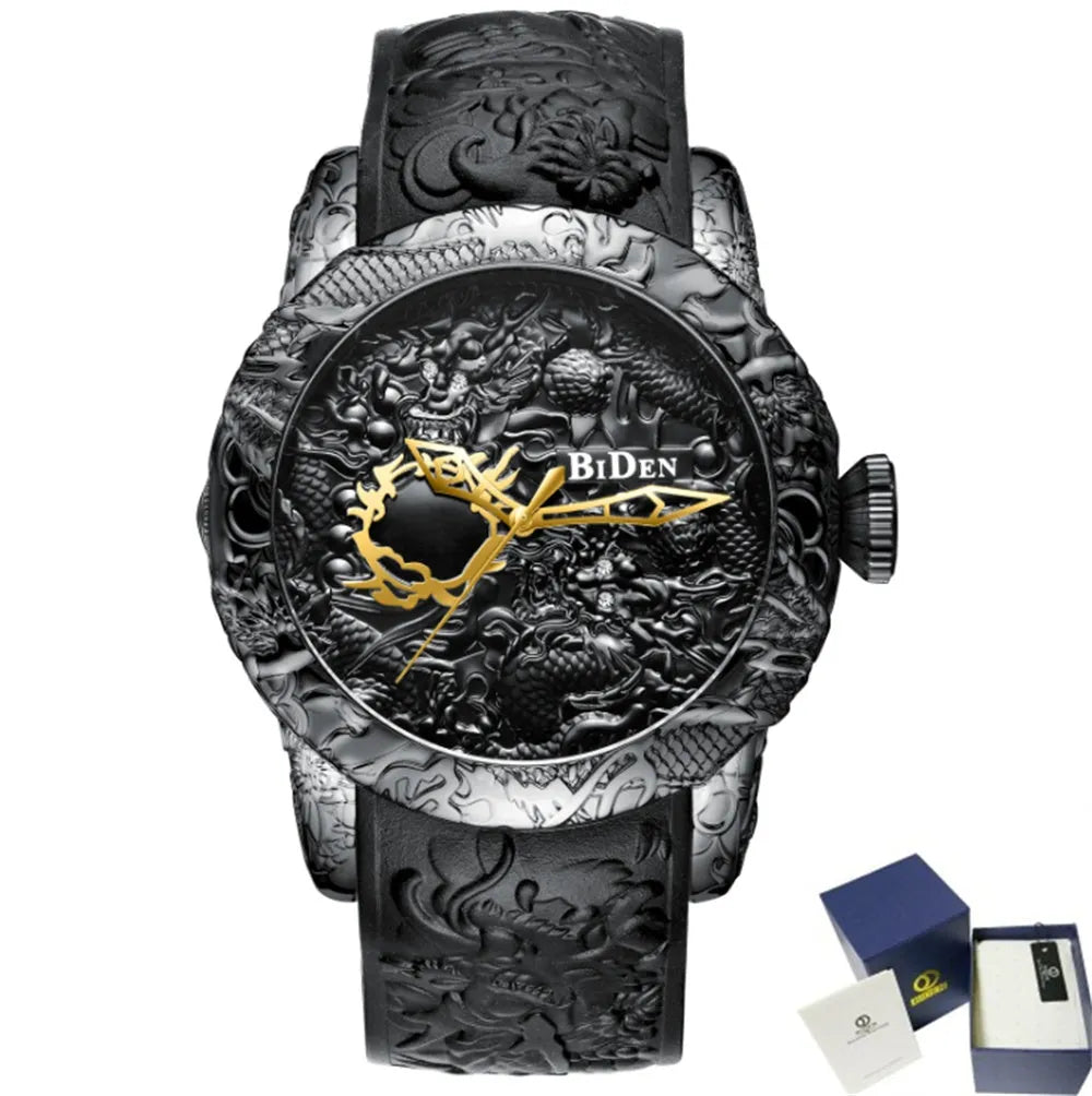 Men's black quartz watch with 3D engraved dragon on dial, 50mm alloy case, and tape strap