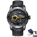 Men's black quartz watch with 3D engraved dragon on dial, 50mm alloy case, and tape strap