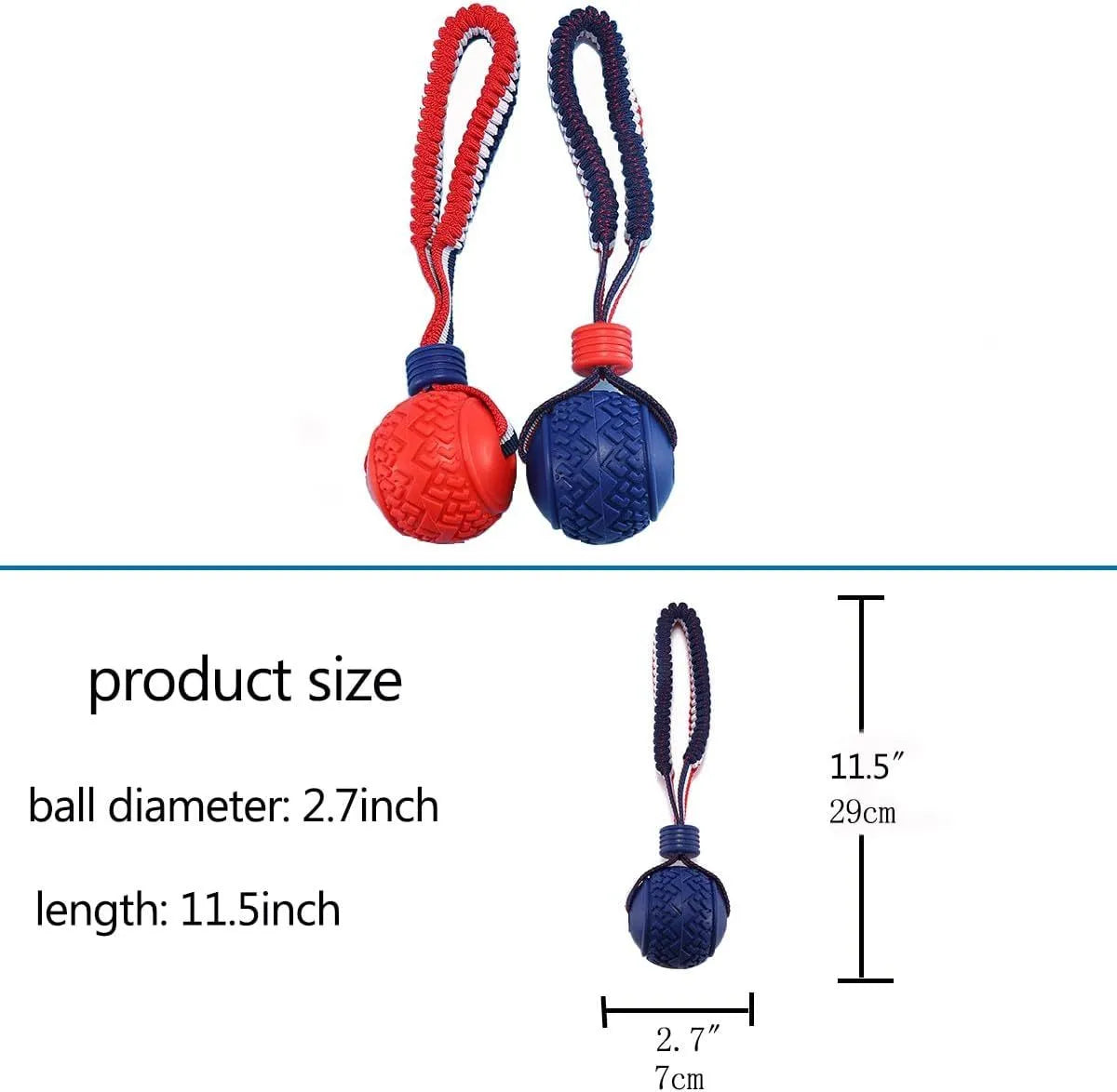 Blue rubber dog ball with rope handle for tug-of-war and teeth cleaning