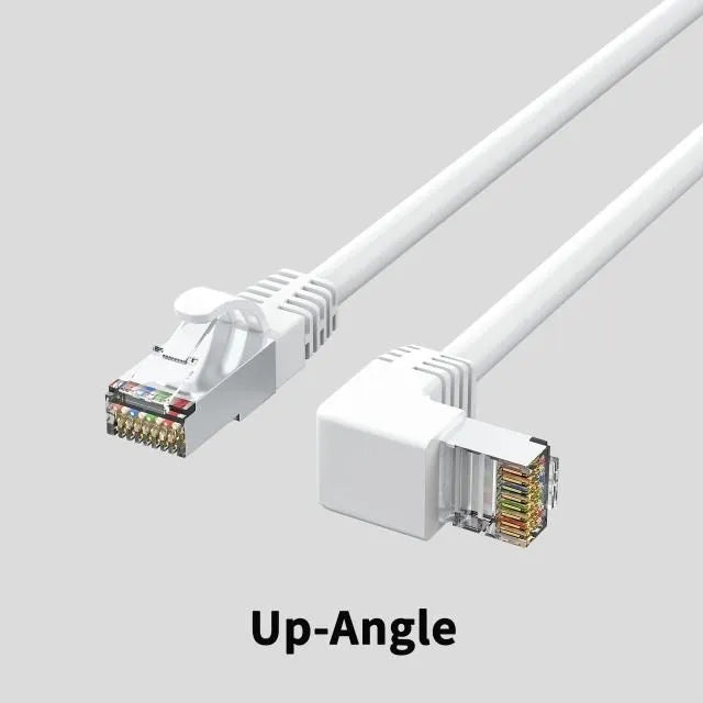 Cat6 Ethernet cable with right-angle RJ45 connector in various colours and lengths