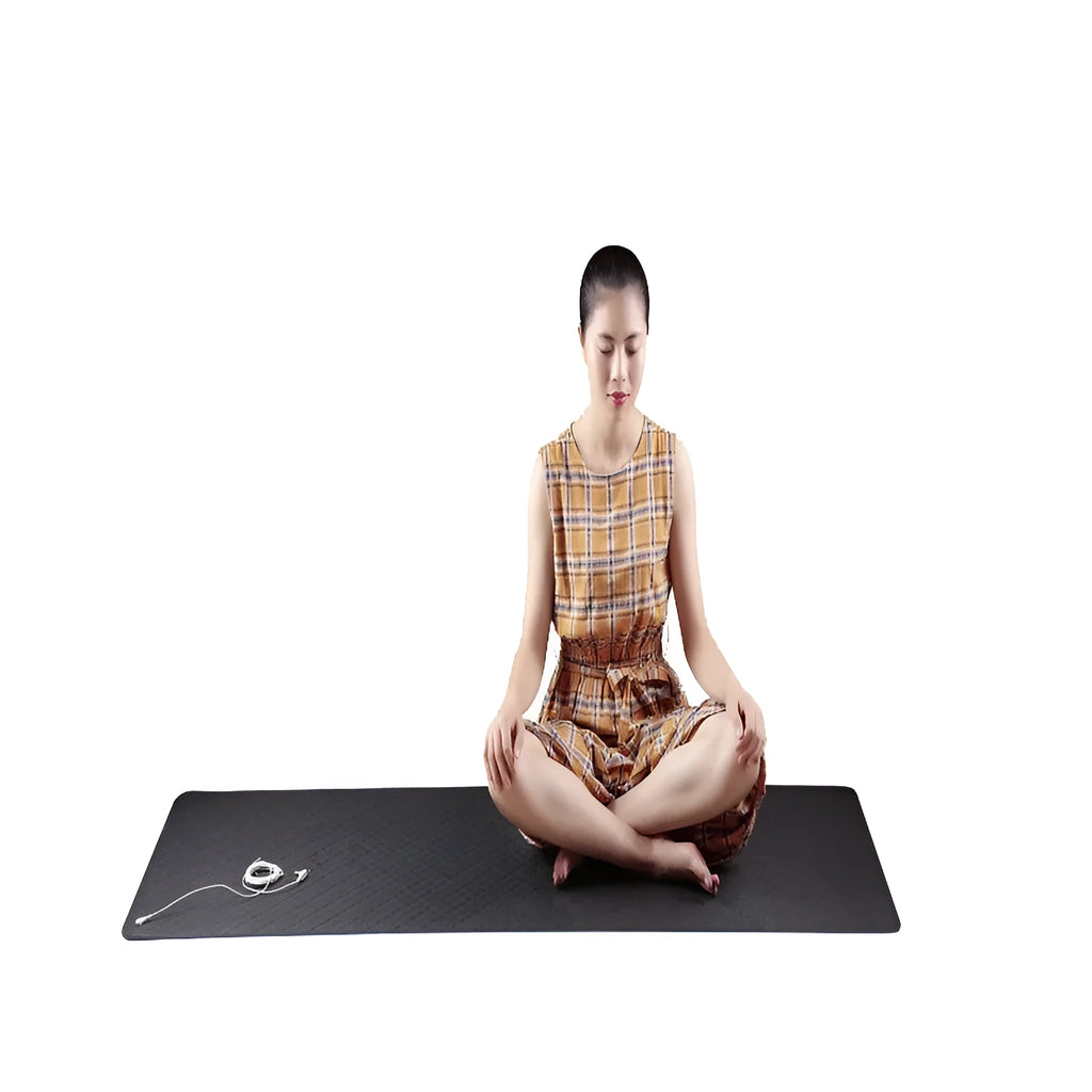 Blue conductive yoga mat with plants pattern and grounding wire, size 182x61cm.