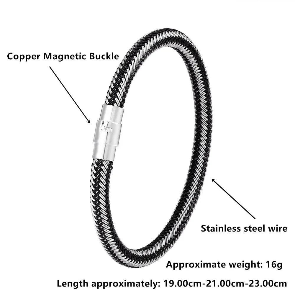 Geometric titanium steel bracelet with a magnetic clasp, shown in a unisex style.