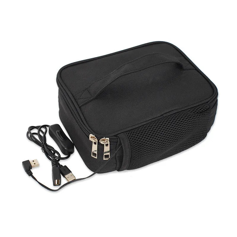 USB heating lunch bag in black Oxford cloth with power cord and thermal interior