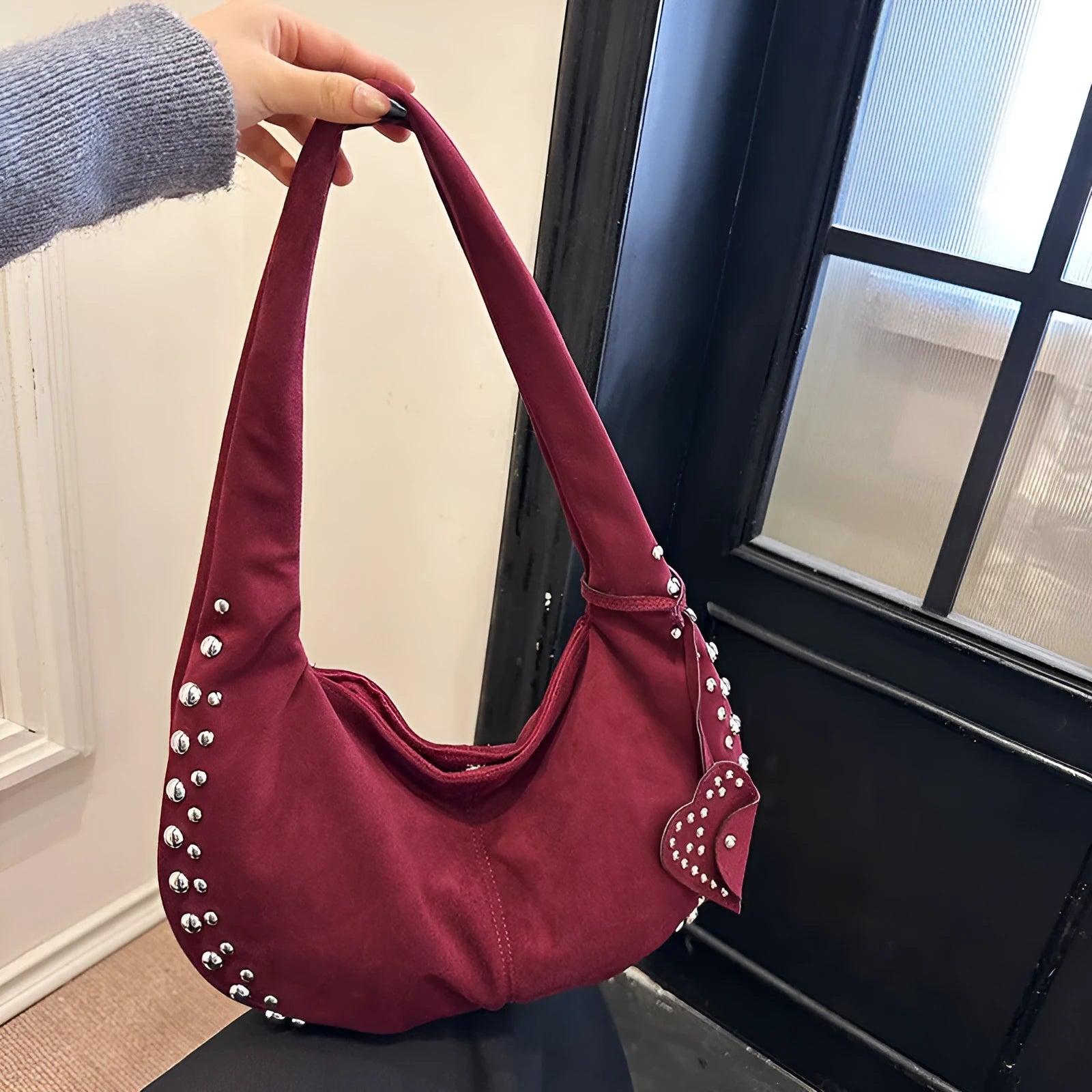 Soft plush casual tote handbag for women in retro style, shown in black, red, brown, or green.