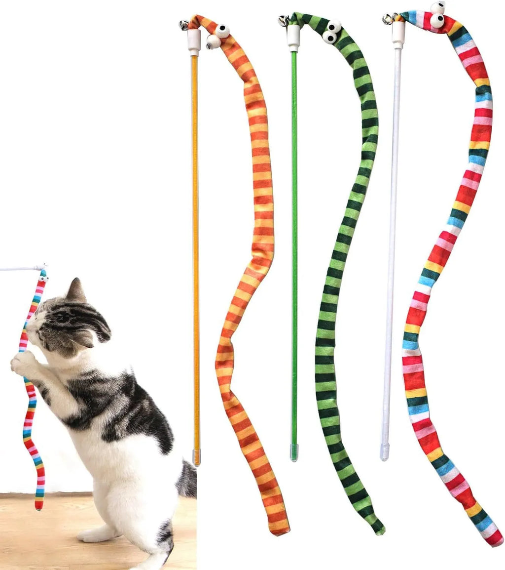 Colourful cat wand toy with a long plush strip teaser and bell, held by a polycarbonate handle.