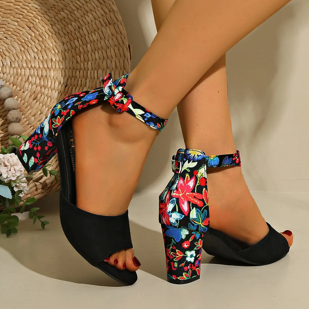 Women's round toe hollow ankle-strap buckle thick high heel sandals in black red yellow sizes 34-45
