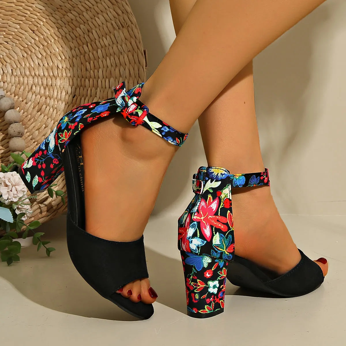 Women's round toe hollow ankle-strap buckle thick high heel sandals in black red yellow sizes 34-45