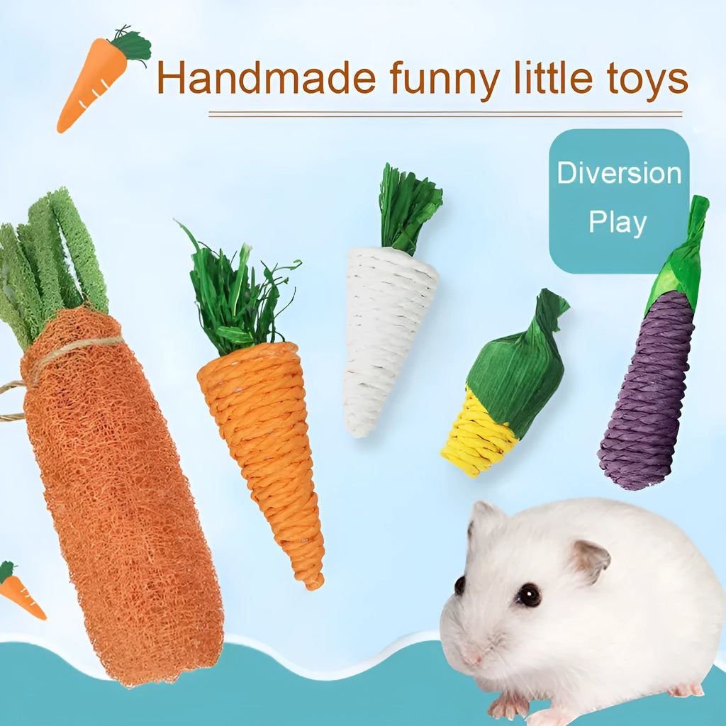 Natural loofah carrot chew toy for hamsters and rabbits, 20cm length, woven texture