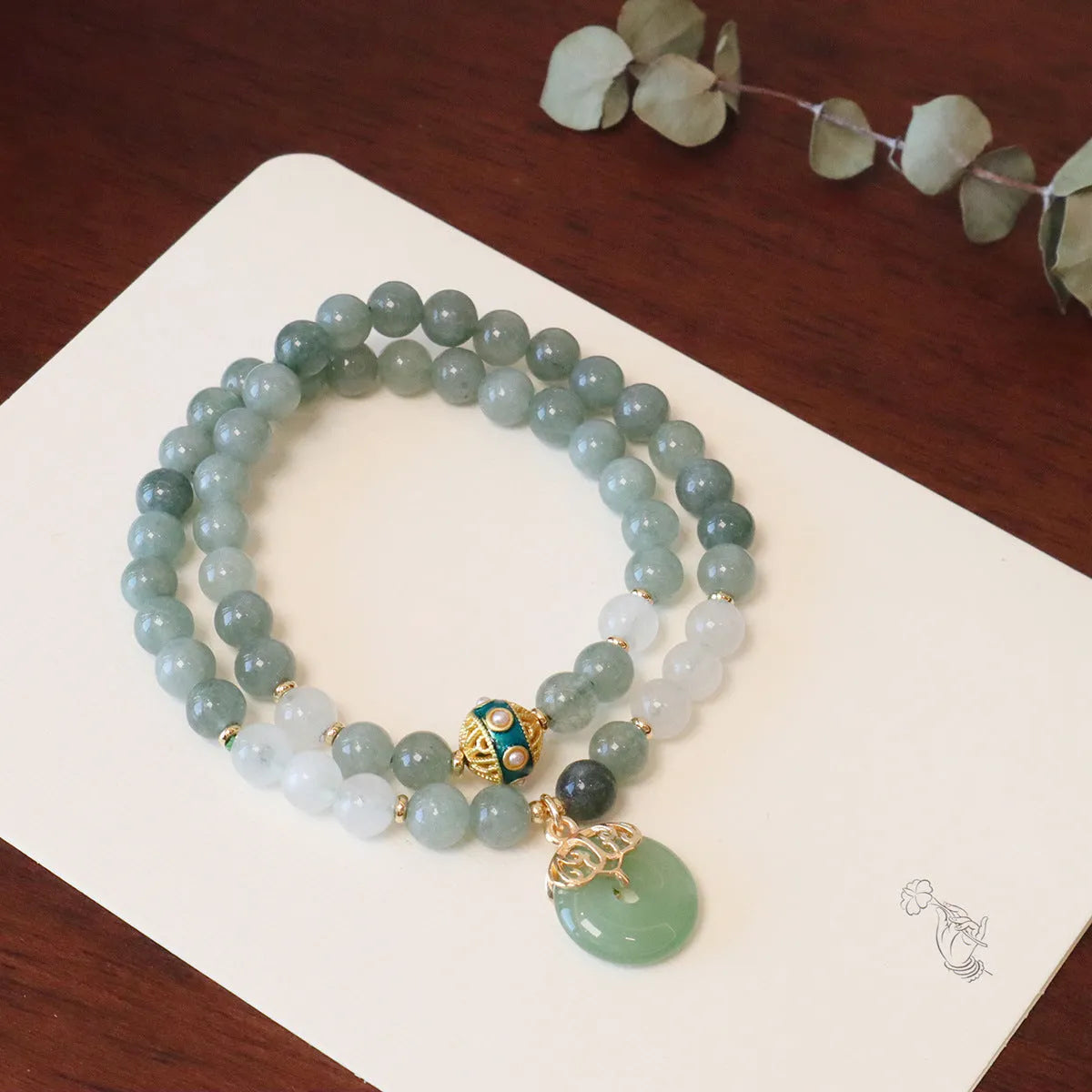 Women's Myanmar jade safety buckle bracelet with geometric beads and peace buckle pendant