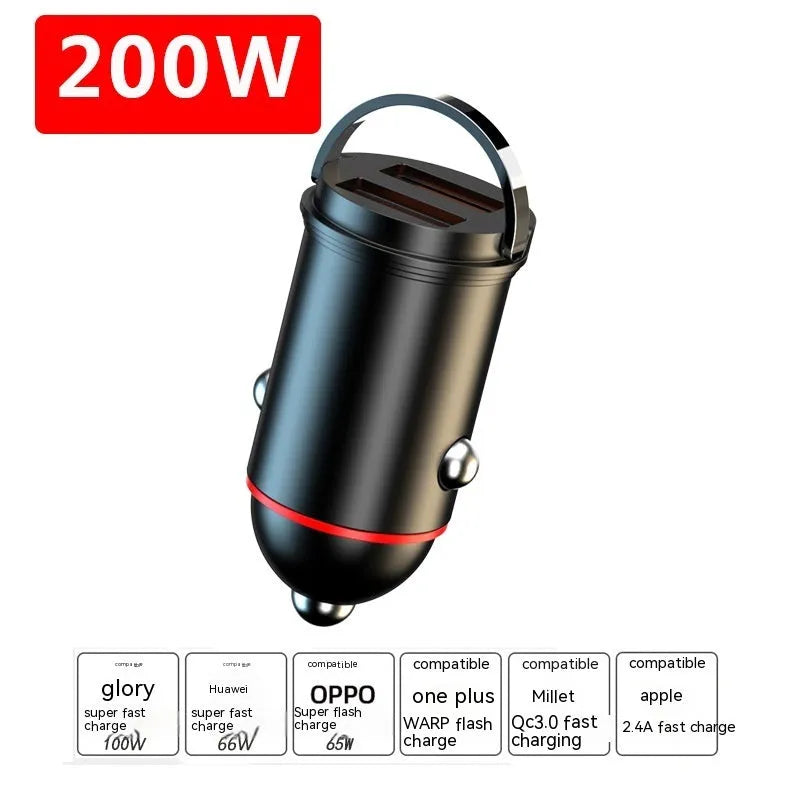 Black zinc alloy car charger with USB port, showing compact dimensions for vehicle use.