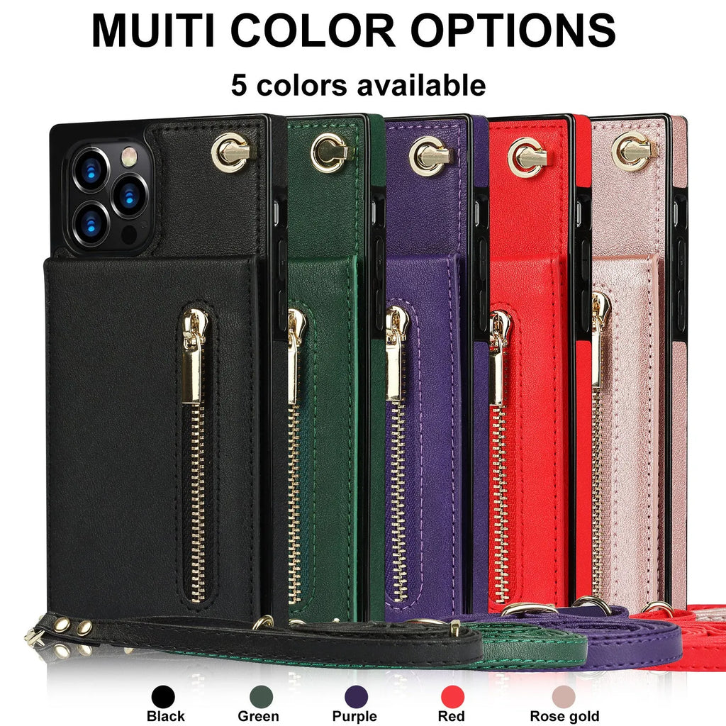 Crossbody zipper phone case for iPhone 15 Pro Max in black TPU leather with lanyard and bracket