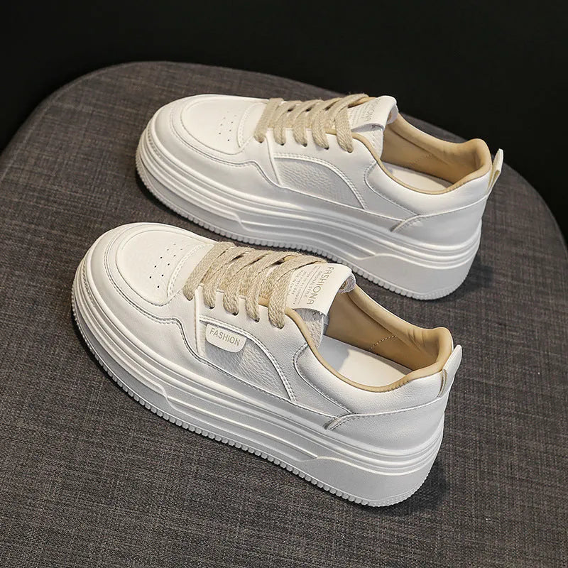 Platform thick sole casual sports skate shoes in black, genuine leather upper, round toe, front lace-up, low top