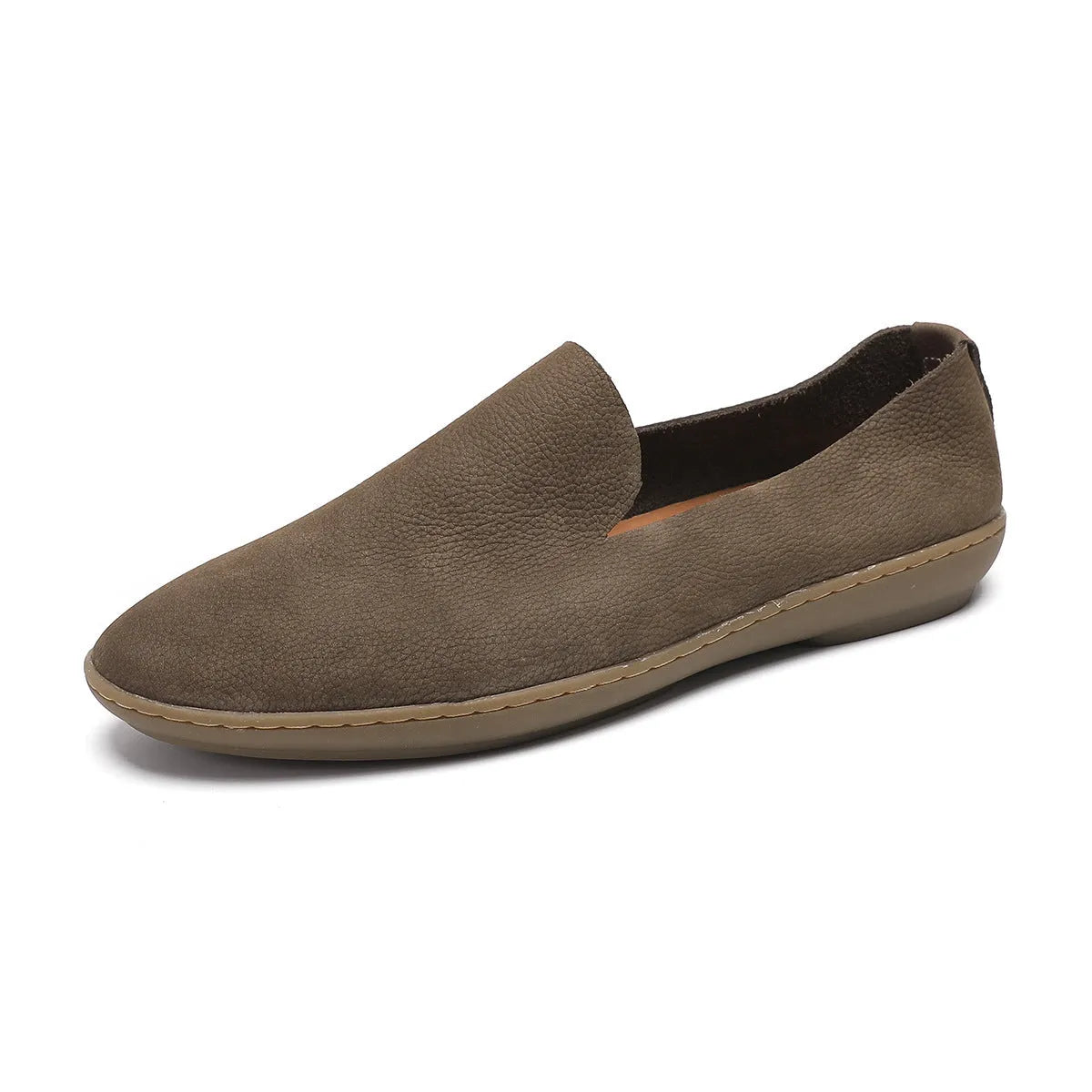 Handmade men's casual shoes in khaki and grey with cowhide upper and rubber wedge sole